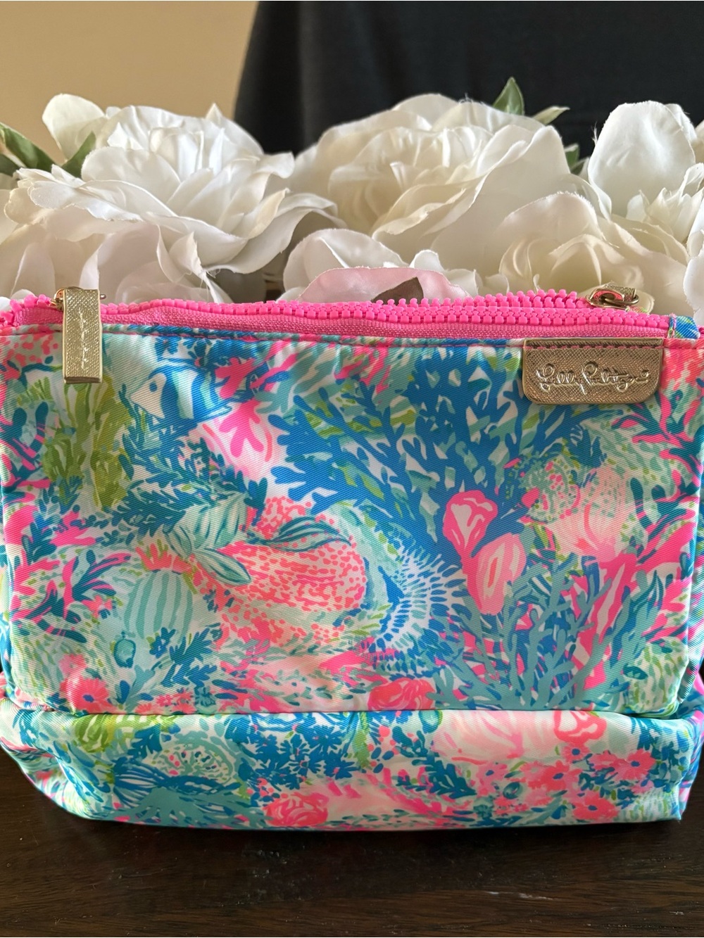 Lilly Pulitzer Neon Pink & Aqua Floral Cosmetic Pouch “Fish my Wish”